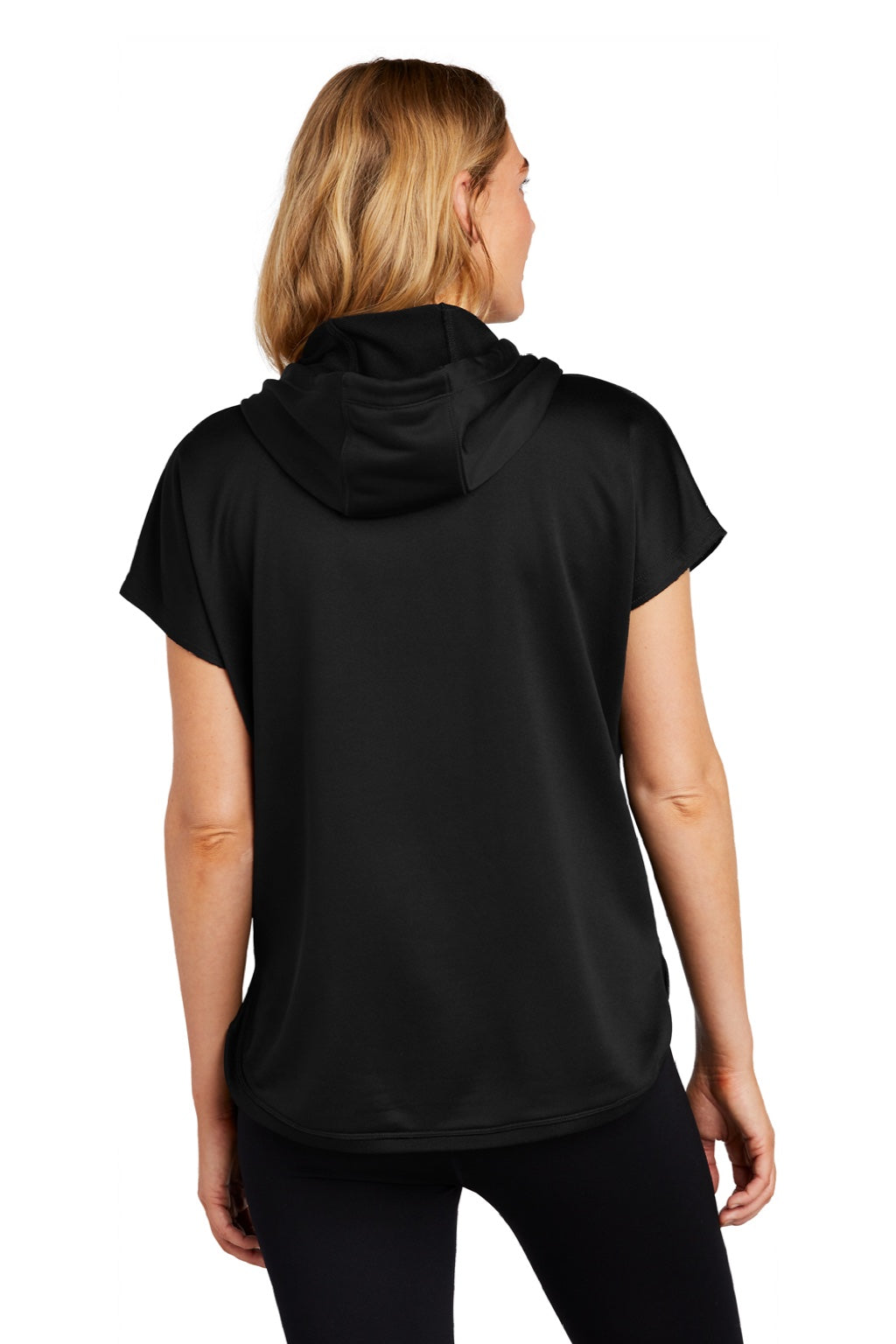 New Era LNEA533 Womens Performance Terry Short Sleeve Hooded Sweatshirt Hoodie w/ Pouch Pocket Black Model Back