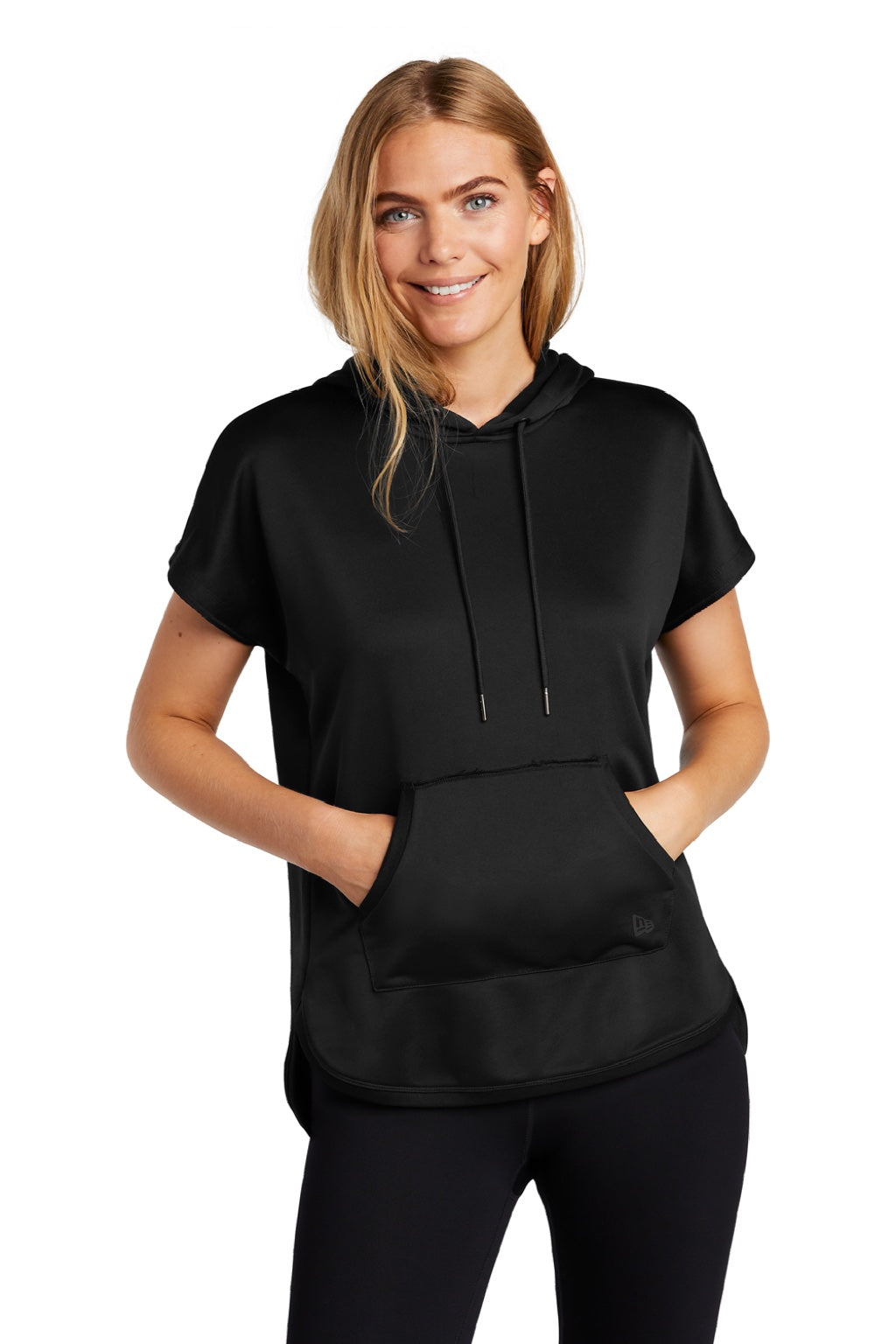 New Era LNEA533 Womens Performance Terry Short Sleeve Hooded Sweatshirt Hoodie w/ Pouch Pocket Black Model Front