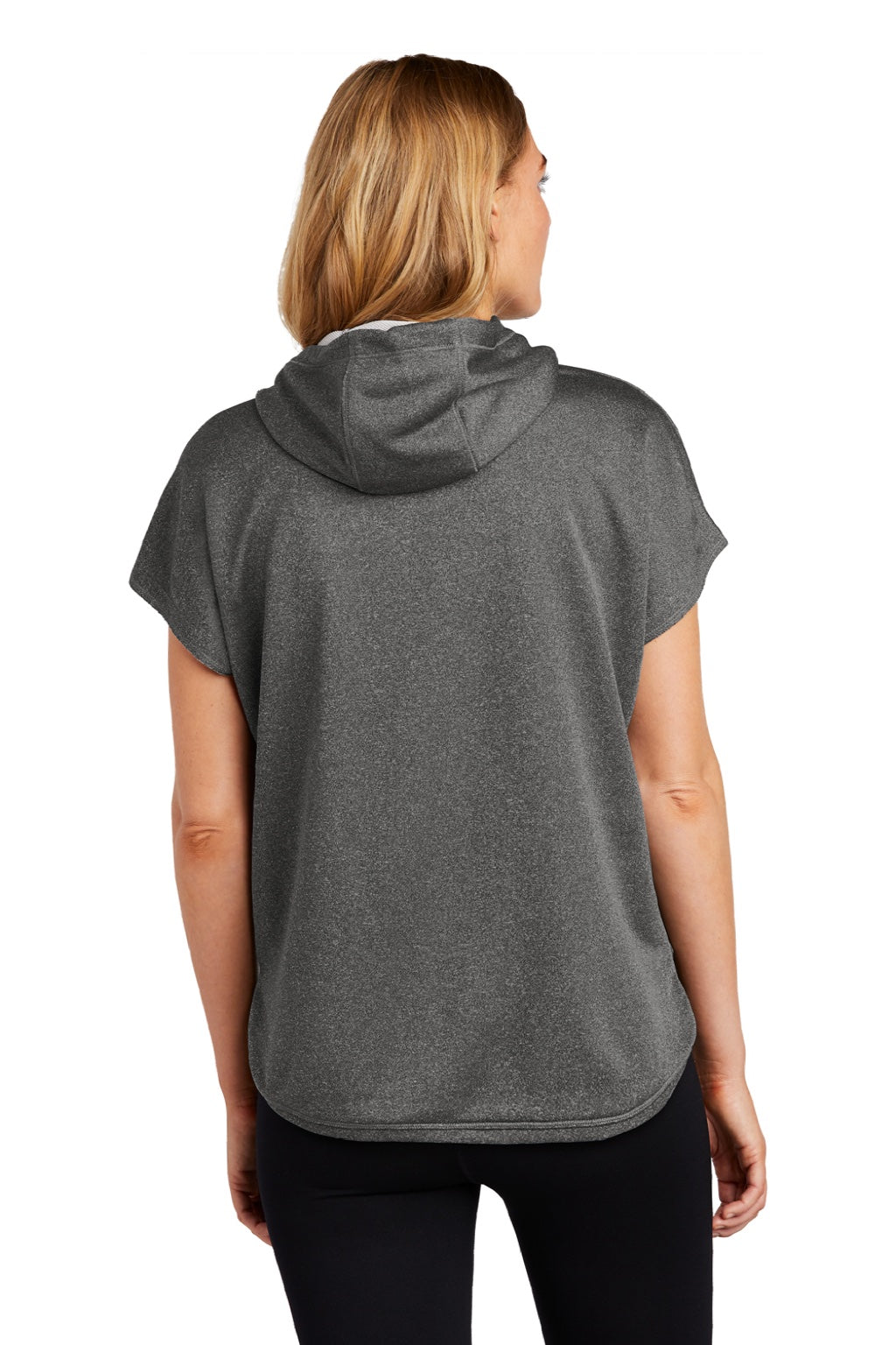 New Era LNEA533 Womens Performance Terry Short Sleeve Hooded Sweatshirt Hoodie w/ Pouch Pocket Heather Graphite Grey Model Back