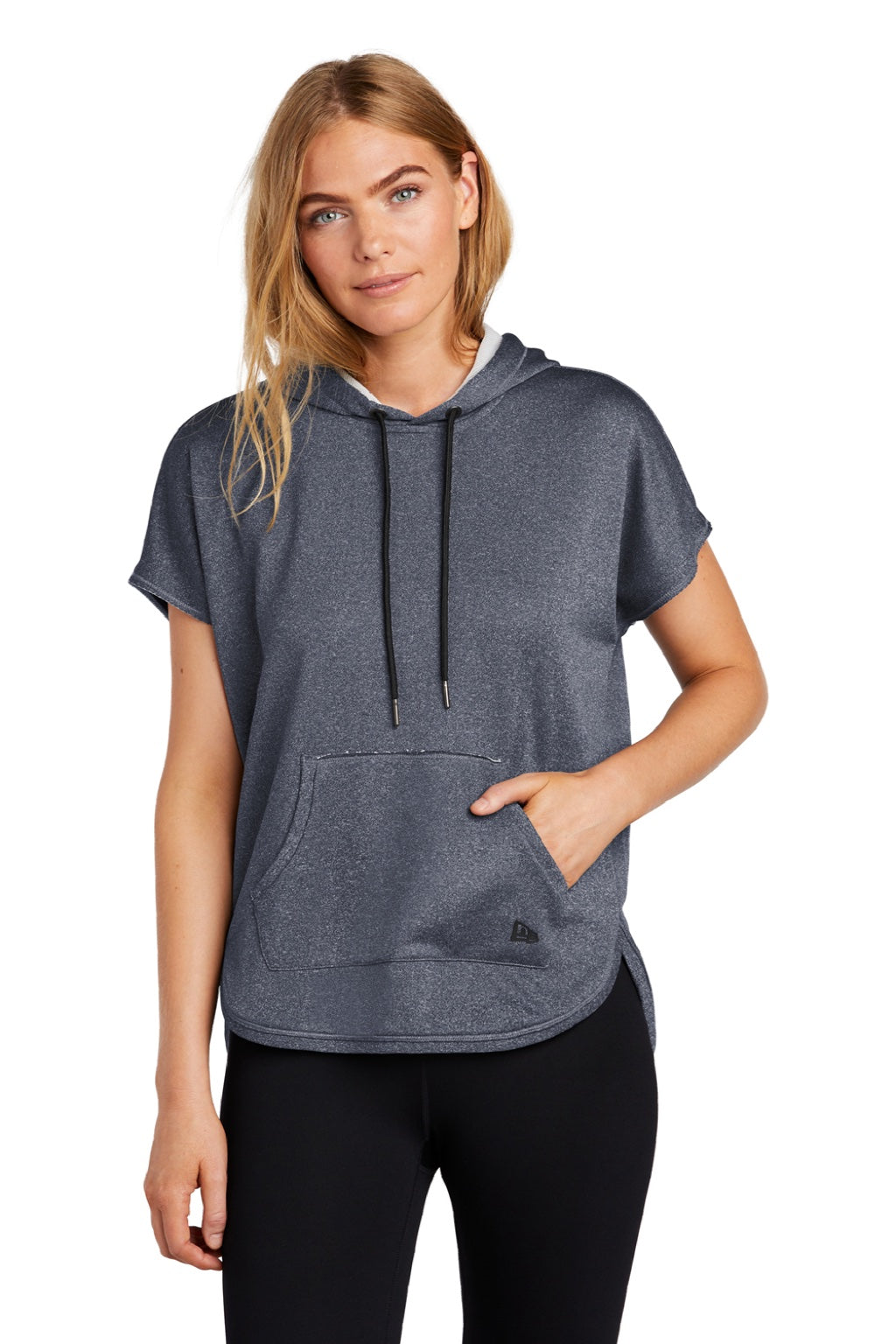 New Era LNEA533 Womens Performance Terry Short Sleeve Hooded Sweatshirt Hoodie w/ Pouch Pocket Heather True Navy Blue Model Front