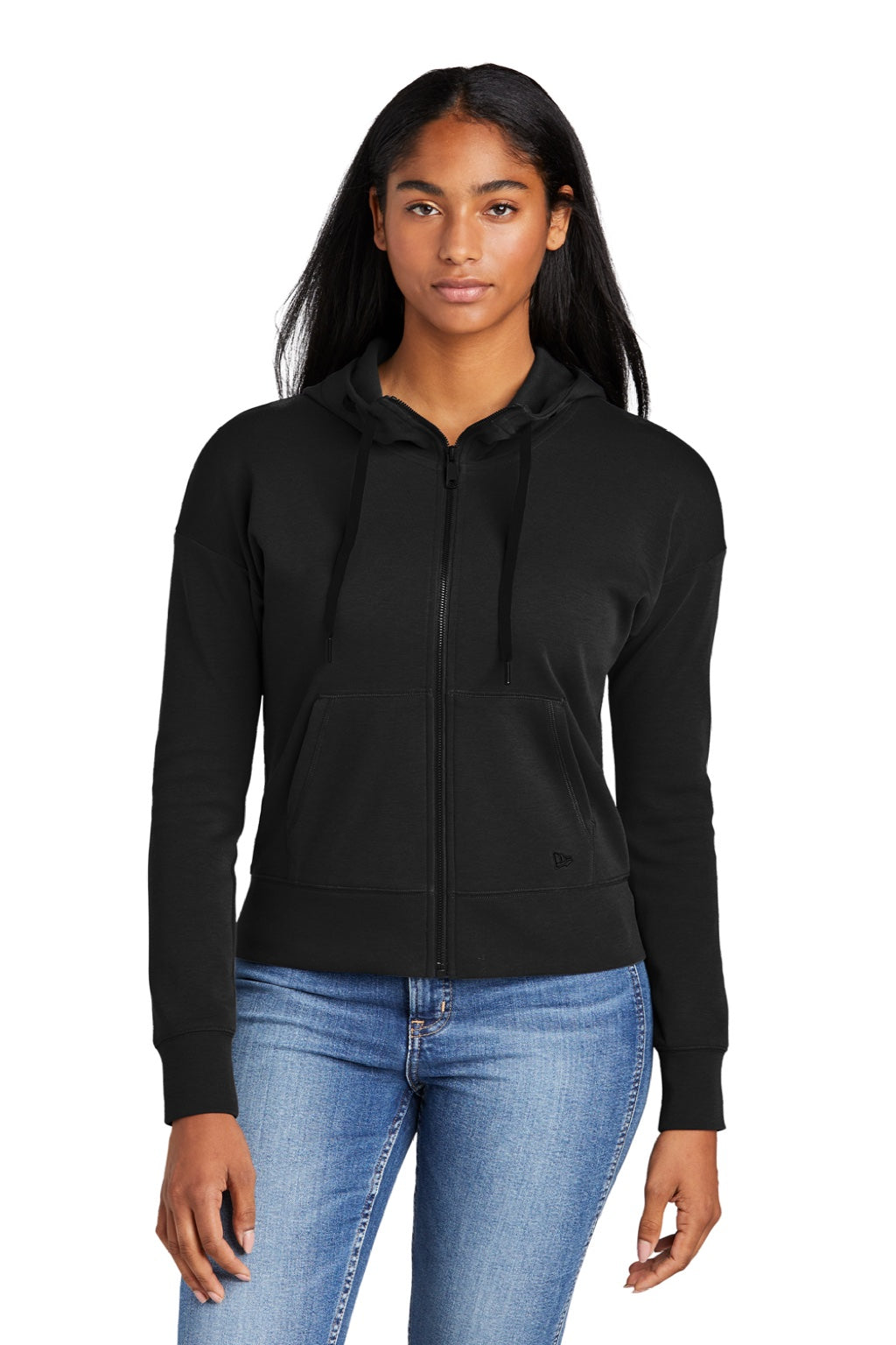 New Era LNEA540 Womens STS Full Zip Hooded Sweatshirt Hoodie w/ Pockets Black Model Front