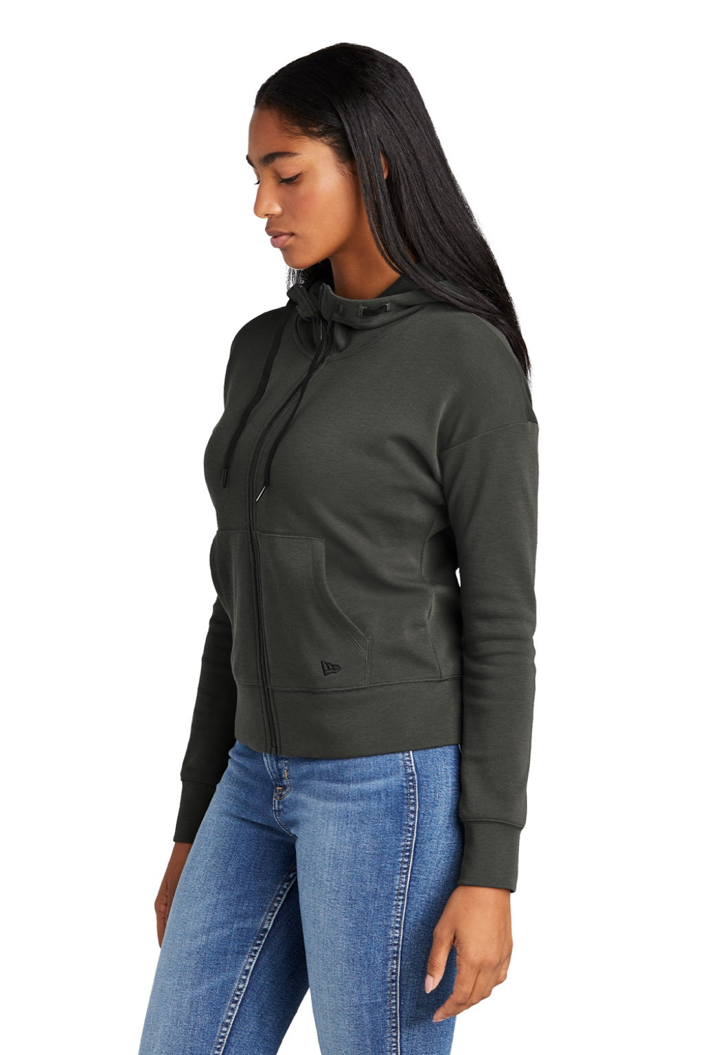 New Era LNEA540 Womens STS Full Zip Hooded Sweatshirt Hoodie w/ Pockets Graphite Grey Model Side