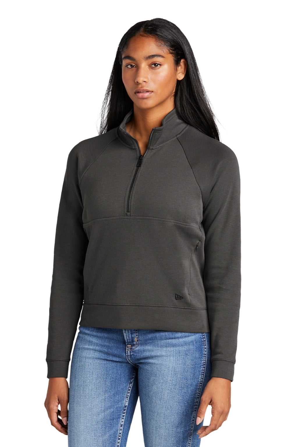 New Era LNEA541 Womens STS 1/4 Zip Sweatshirt w/ Pouch Pocket Graphite Grey Model Front