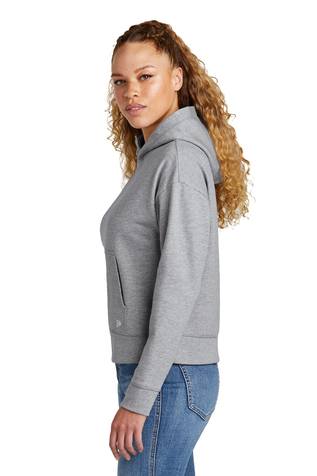 New Era LNEA550 Womens Comeback Fleece Hooded Sweatshirt Hoodie w/ Pouch Pocket Heather Grey Model Side
