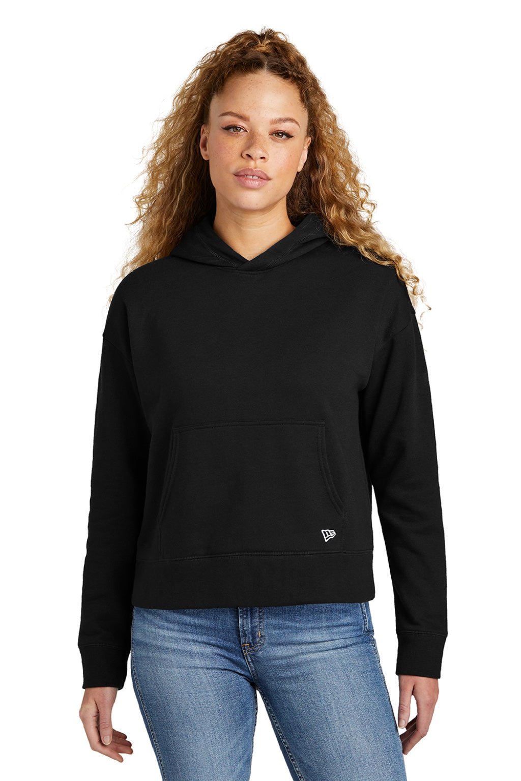New Era LNEA550 Womens Comeback Fleece Hooded Sweatshirt Hoodie w/ Pouch Pocket Black Model Front