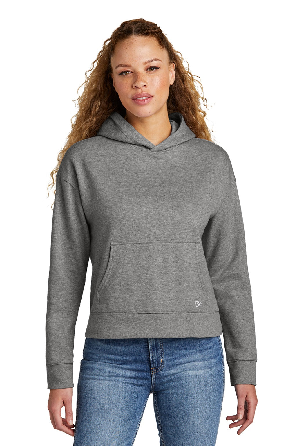New Era LNEA550 Womens Comeback Fleece Hooded Sweatshirt Hoodie w/ Pouch Pocket Heather Dark Grey Model Front