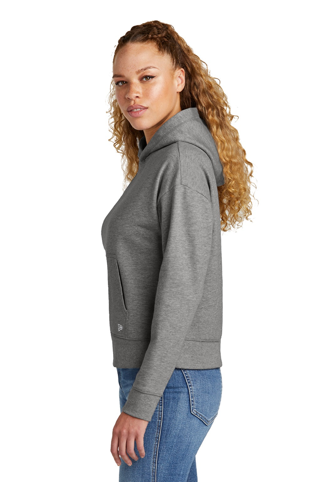 New Era LNEA550 Womens Comeback Fleece Hooded Sweatshirt Hoodie w/ Pouch Pocket Heather Dark Grey Model Side