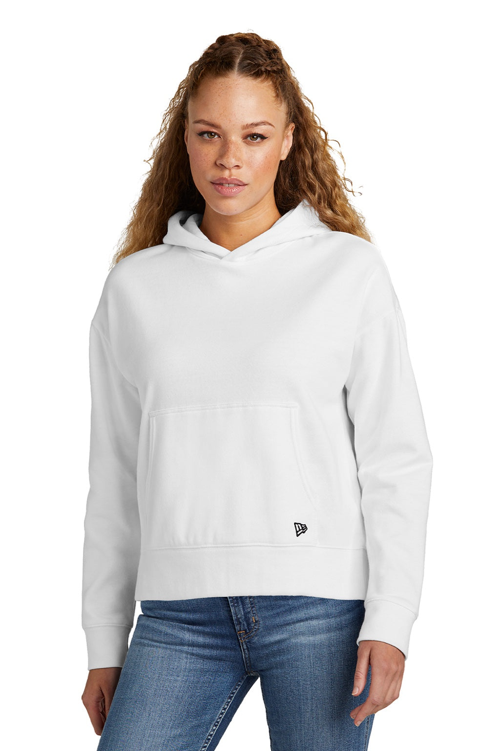 New Era LNEA550 Womens Comeback Fleece Hooded Sweatshirt Hoodie w/ Pouch Pocket White Model Front