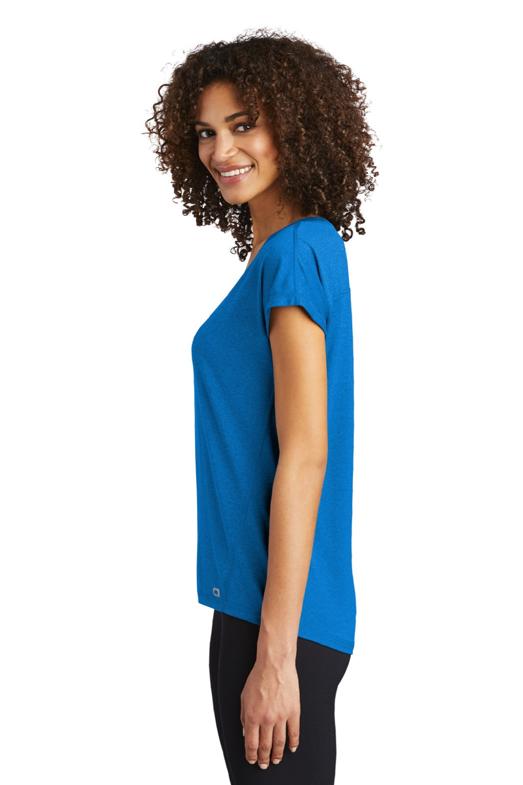 Ogio LOE324 Womens Endurance Pulse Moisture Wicking Short Sleeve Crewneck T-Shirt Electric Blue Model Side