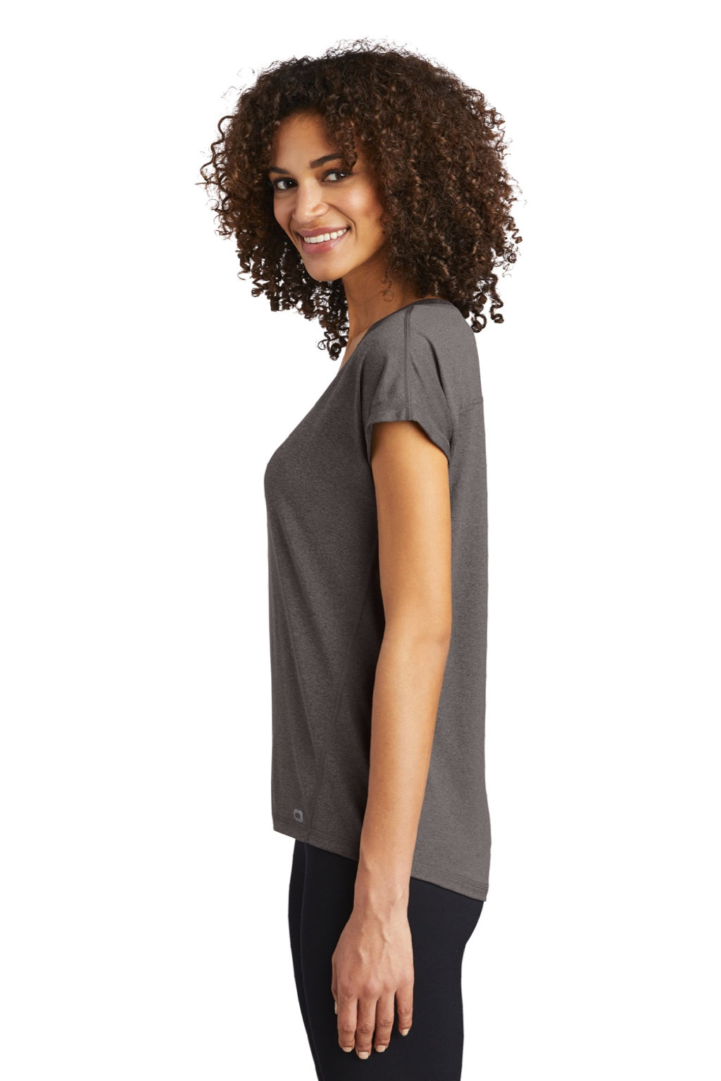 Ogio LOE324 Womens Endurance Pulse Moisture Wicking Short Sleeve Crewneck T-Shirt Gear Grey Model Side