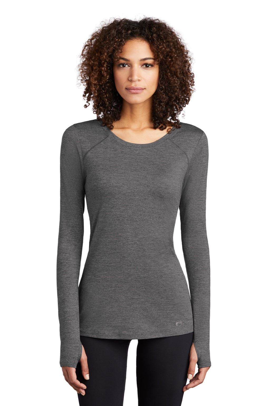 Ogio LOE340 Womens Endurance Force Moisture Wicking Long Sleeve Crewneck T-Shirt Heather Gear Grey Model Front