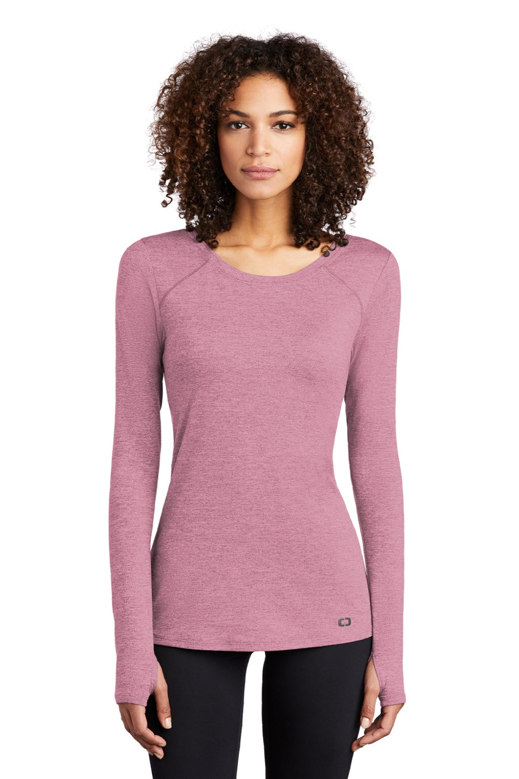 Ogio LOE340 Womens Endurance Force Moisture Wicking Long Sleeve Crewneck T-Shirt Heather Lilac Pink Model Front