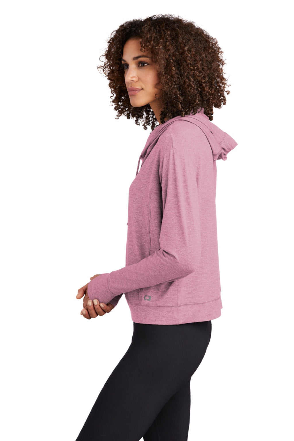 Ogio LOE342 Womens Endurance Force Moisture Wicking Hooded Sweatshirt Hoodie Heather Lilac Pink Model Side