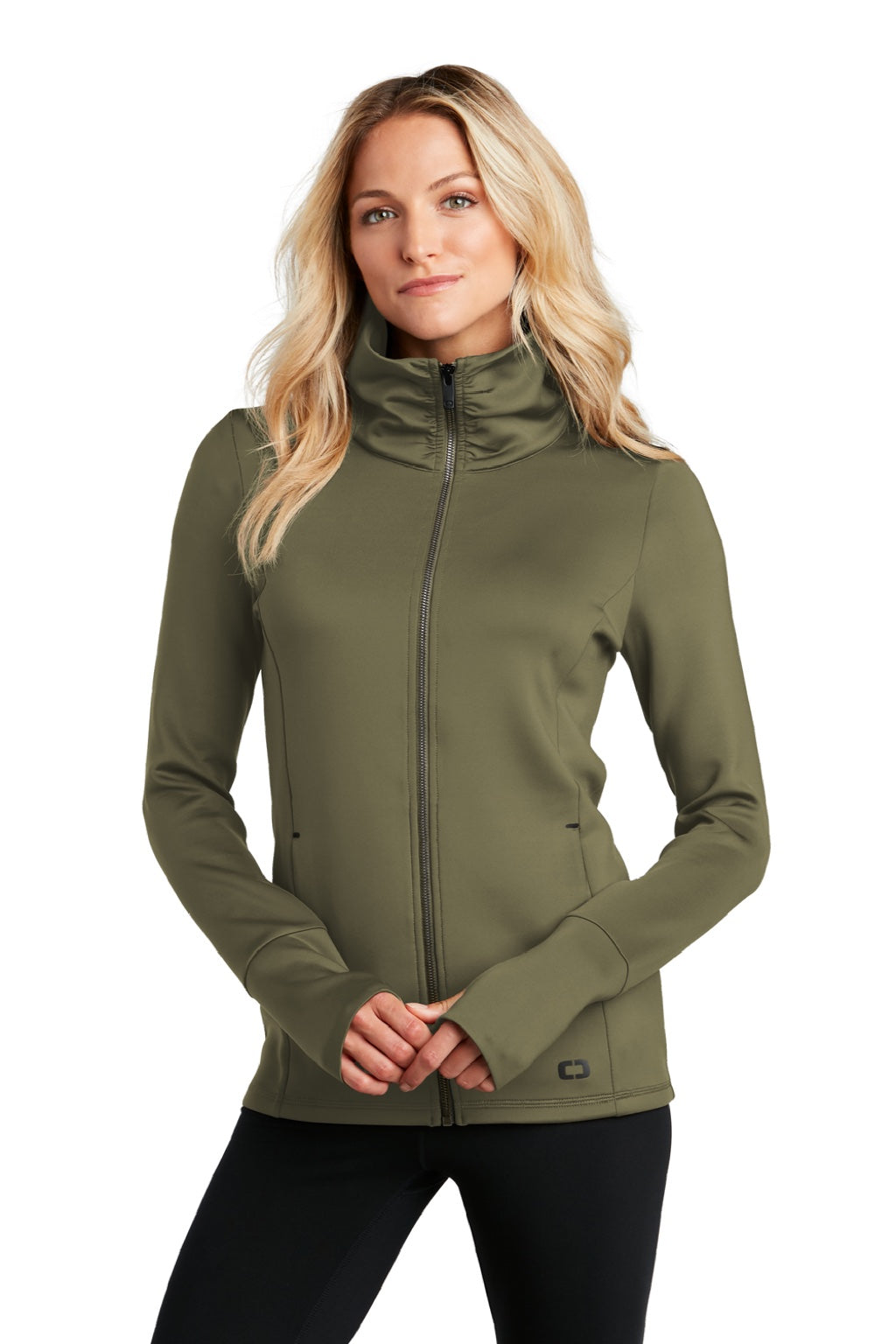 Ogio LOE703 Womens Endurance Modern Performance Moisture Wicking Full Zip Sweatshirt w/ Pockets Deep Olive Green Model Front