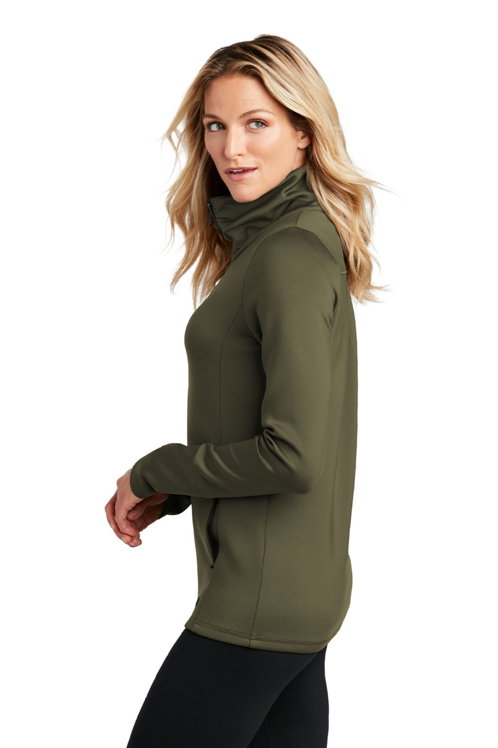 Ogio LOE703 Womens Endurance Modern Performance Moisture Wicking Full Zip Sweatshirt w/ Pockets Deep Olive Green Model Side