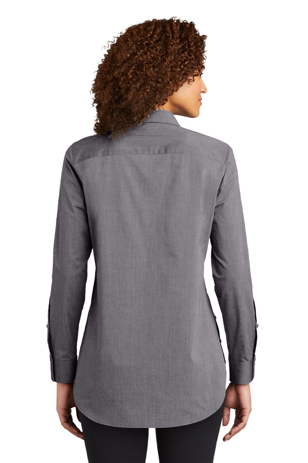Ogio LOG1002 Womens Commuter Long Sleeve Button Down Shirt Heather Gear Grey Model Back