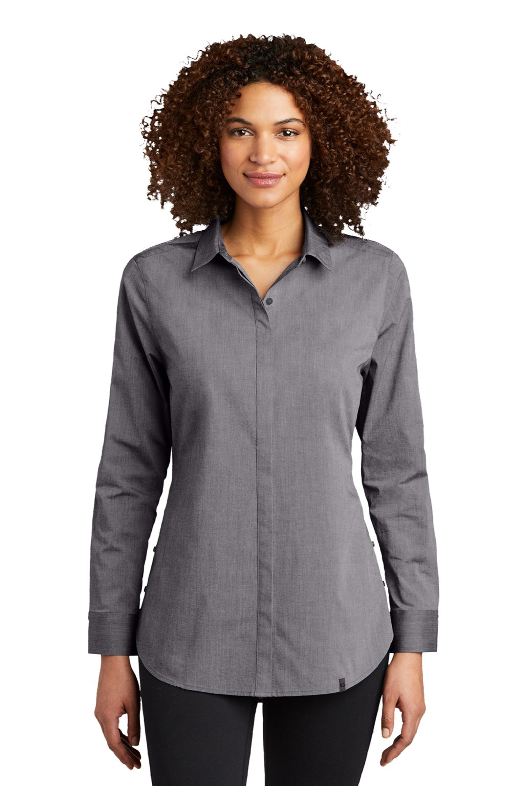 Ogio LOG1002 Womens Commuter Long Sleeve Button Down Shirt Heather Gear Grey Model Front