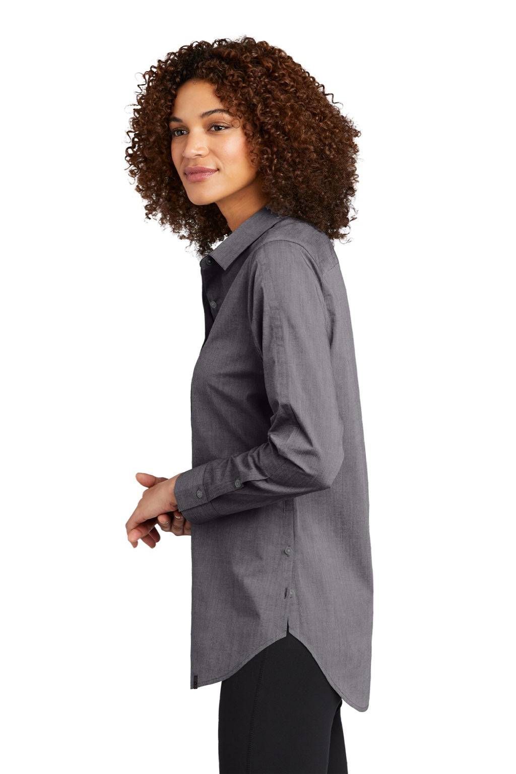 Ogio LOG1002 Womens Commuter Long Sleeve Button Down Shirt Heather Gear Grey Model Side