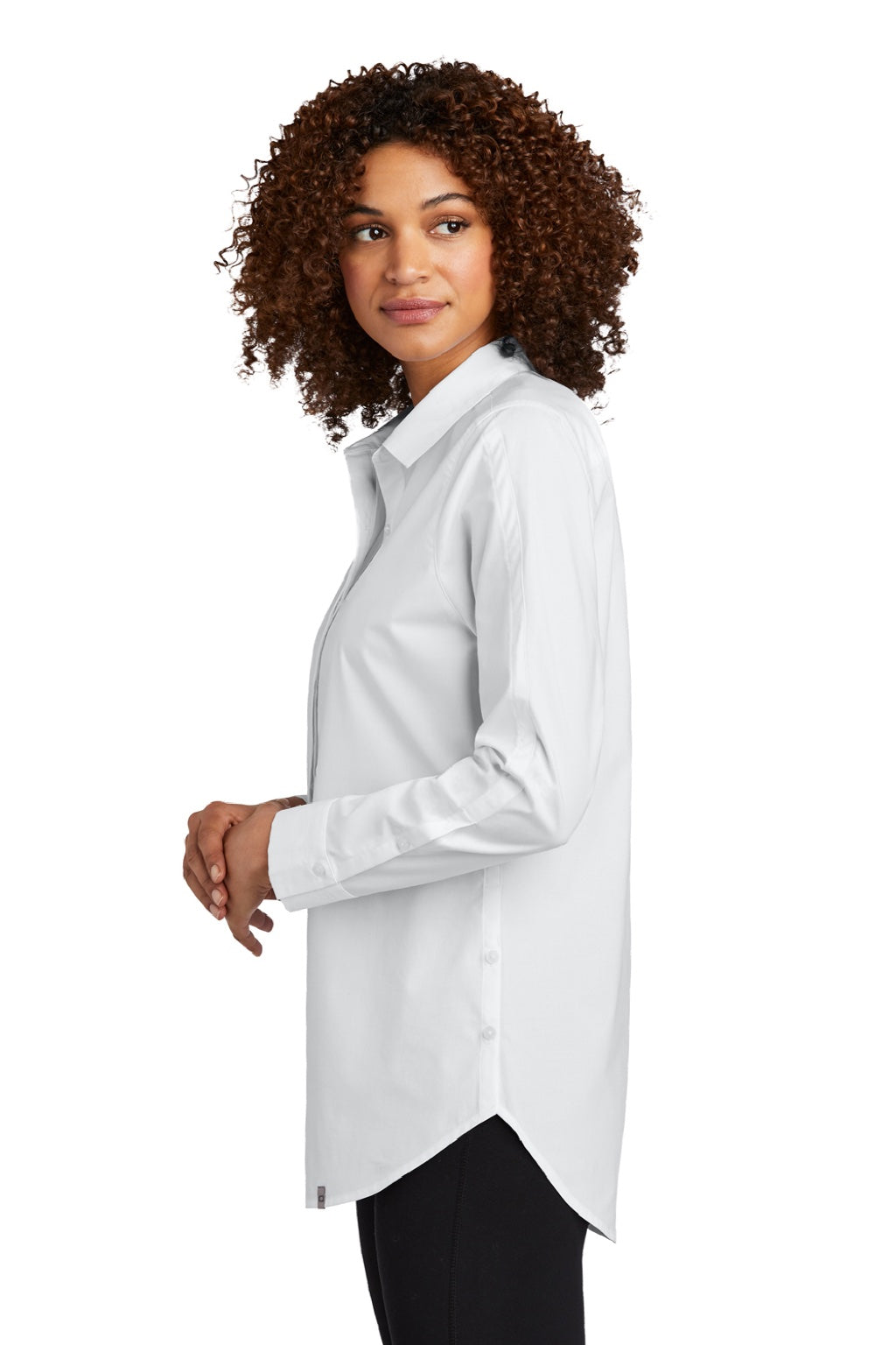 Ogio LOG1002 Womens Commuter Long Sleeve Button Down Shirt White Model Side