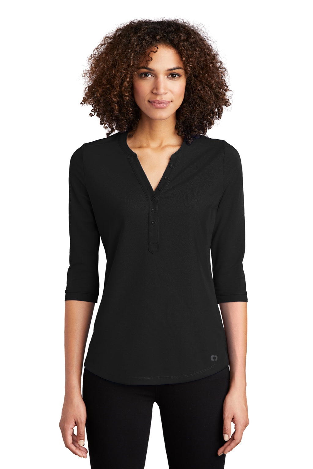 Ogio LOG104 Womens Jewel Moisture Wicking 3/4 Sleeve Polo Shirt Blacktop Model Front