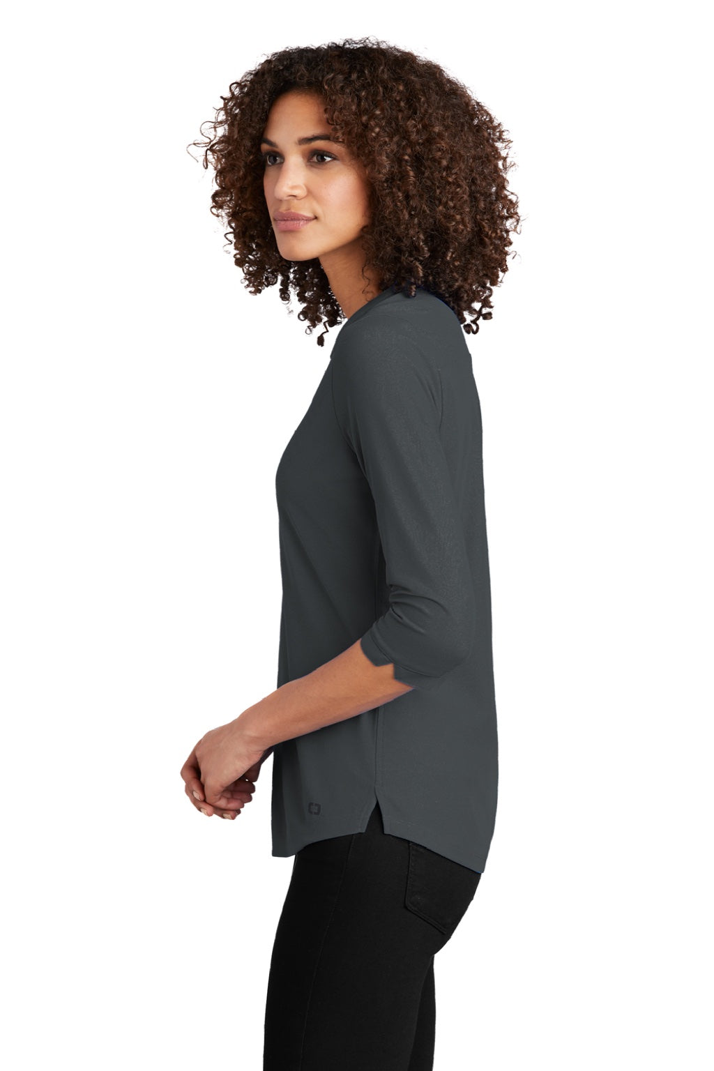 Ogio LOG104 Womens Jewel Moisture Wicking 3/4 Sleeve Polo Shirt Diesel Grey Model Side