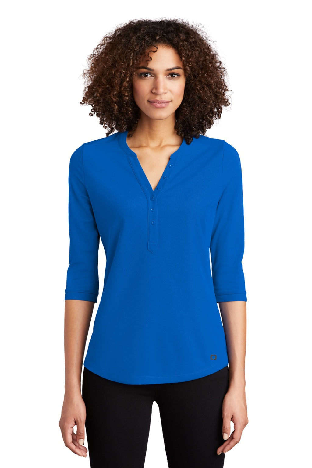 Ogio LOG104 Womens Jewel Moisture Wicking 3/4 Sleeve Polo Shirt Electric Blue Model Front