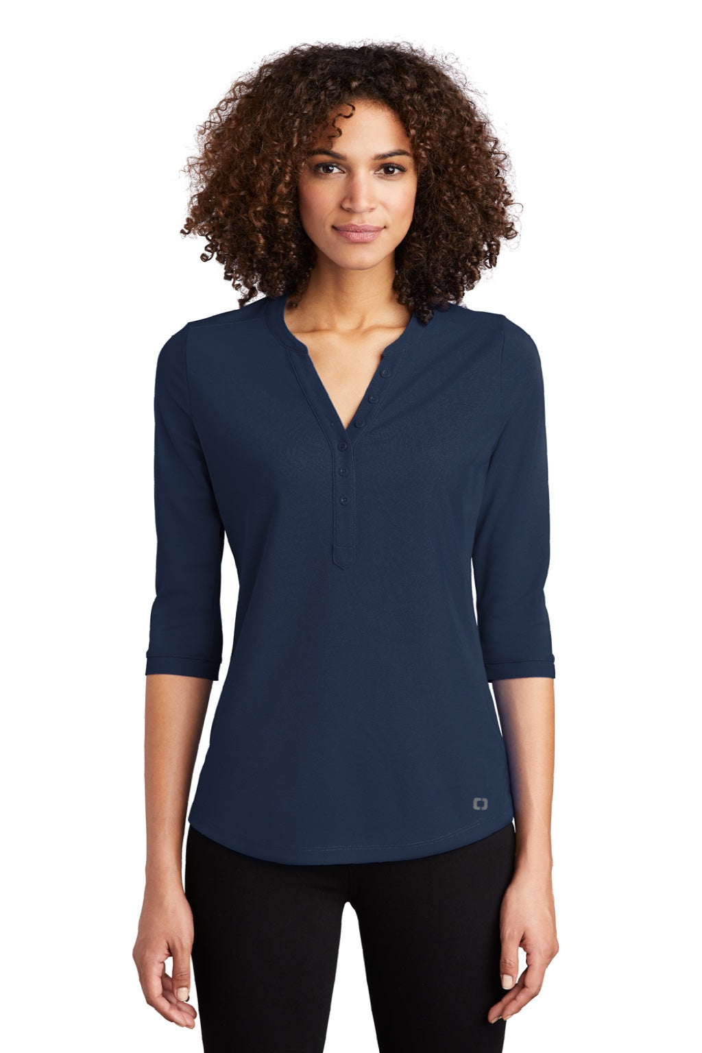 Ogio LOG104 Womens Jewel Moisture Wicking 3/4 Sleeve Polo Shirt Navy Blue Model Front