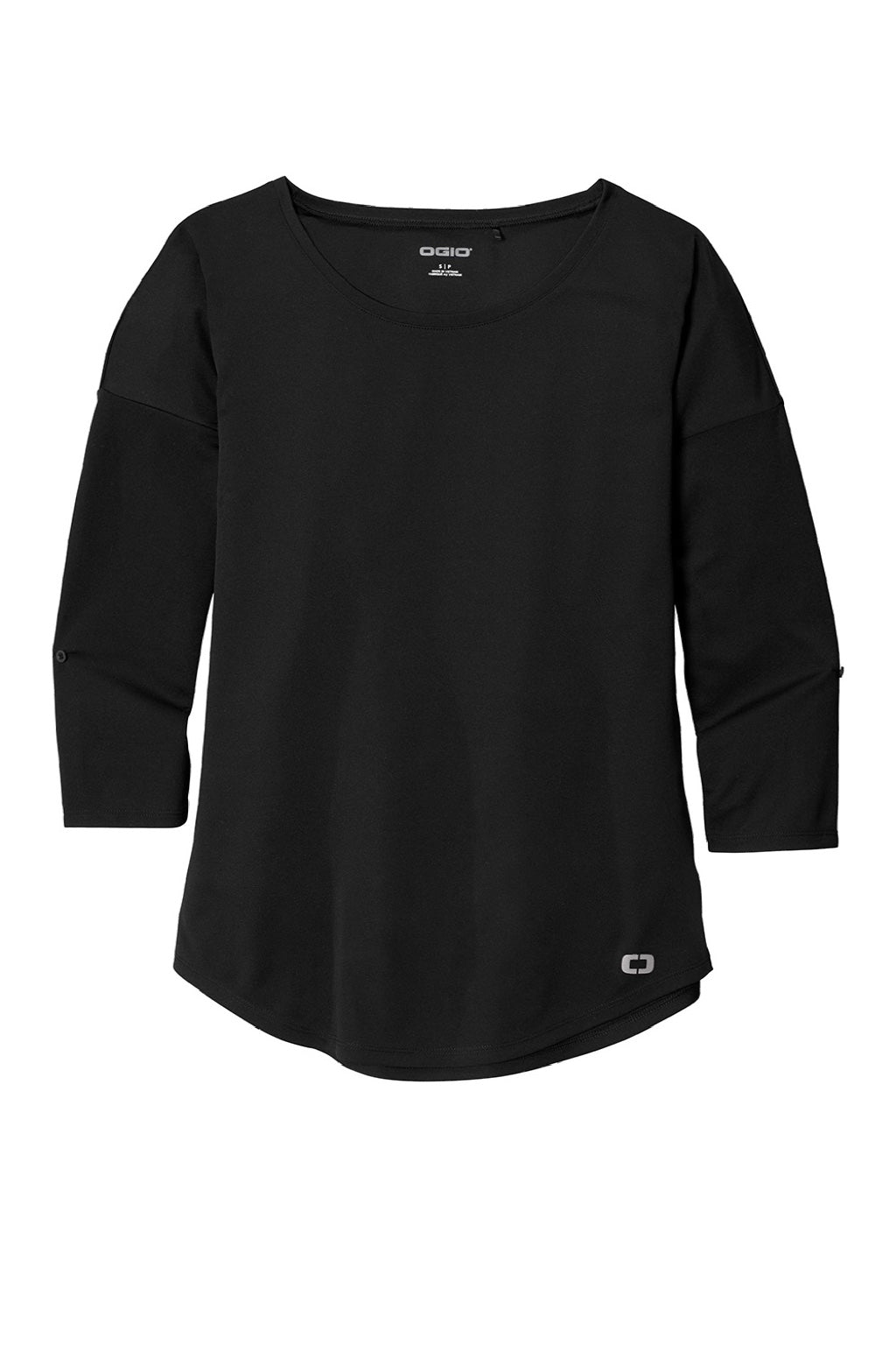 Ogio LOG141 Womens Gravitate Moisture Wicking 3/4 Sleeve Scoop Neck T-Shirt Blacktop Flat Front