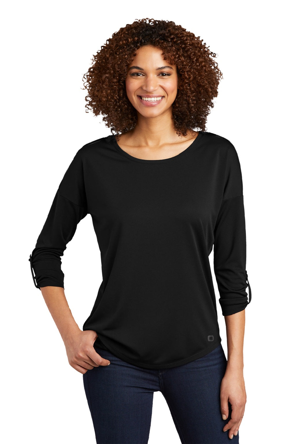 Ogio LOG141 Womens Gravitate Moisture Wicking 3/4 Sleeve Scoop Neck T-Shirt Blacktop Model Front