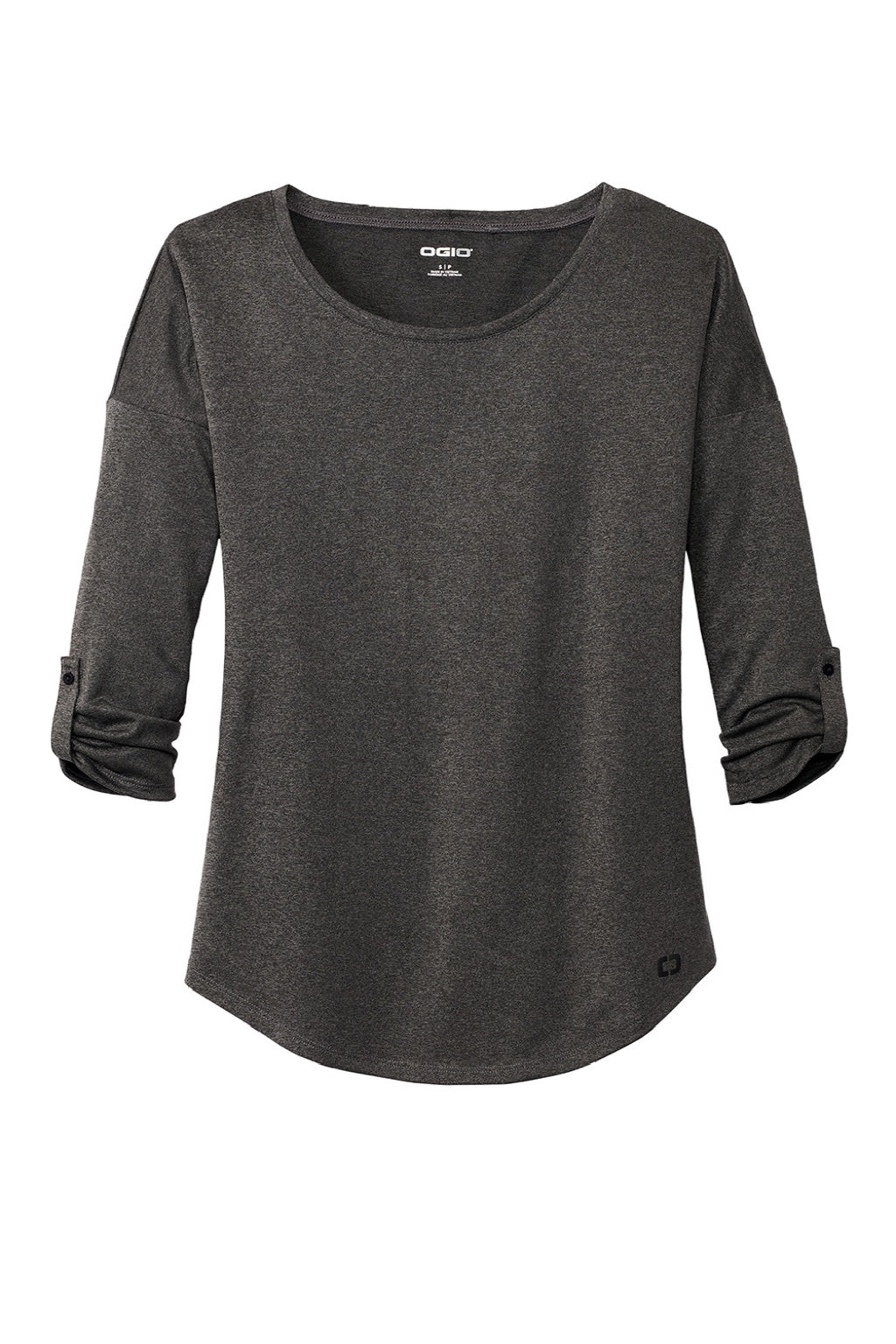 Ogio LOG141 Womens Gravitate Moisture Wicking 3/4 Sleeve Scoop Neck T-Shirt Heather Dark Grey Flat Front