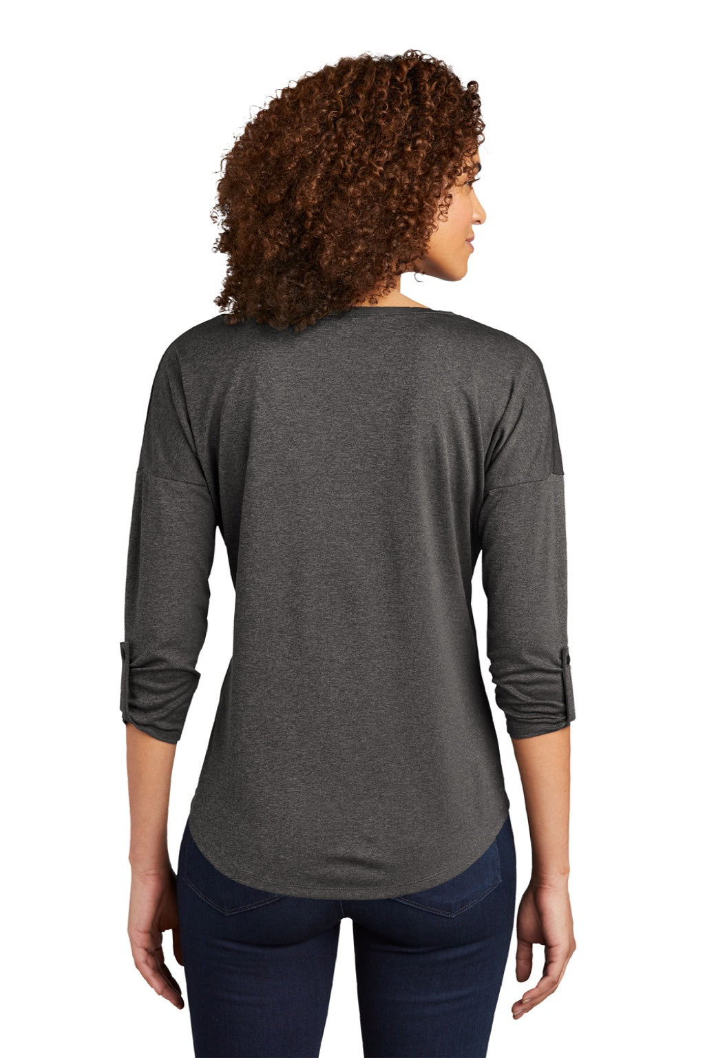 Ogio LOG141 Womens Gravitate Moisture Wicking 3/4 Sleeve Scoop Neck T-Shirt Heather Dark Grey Model Back