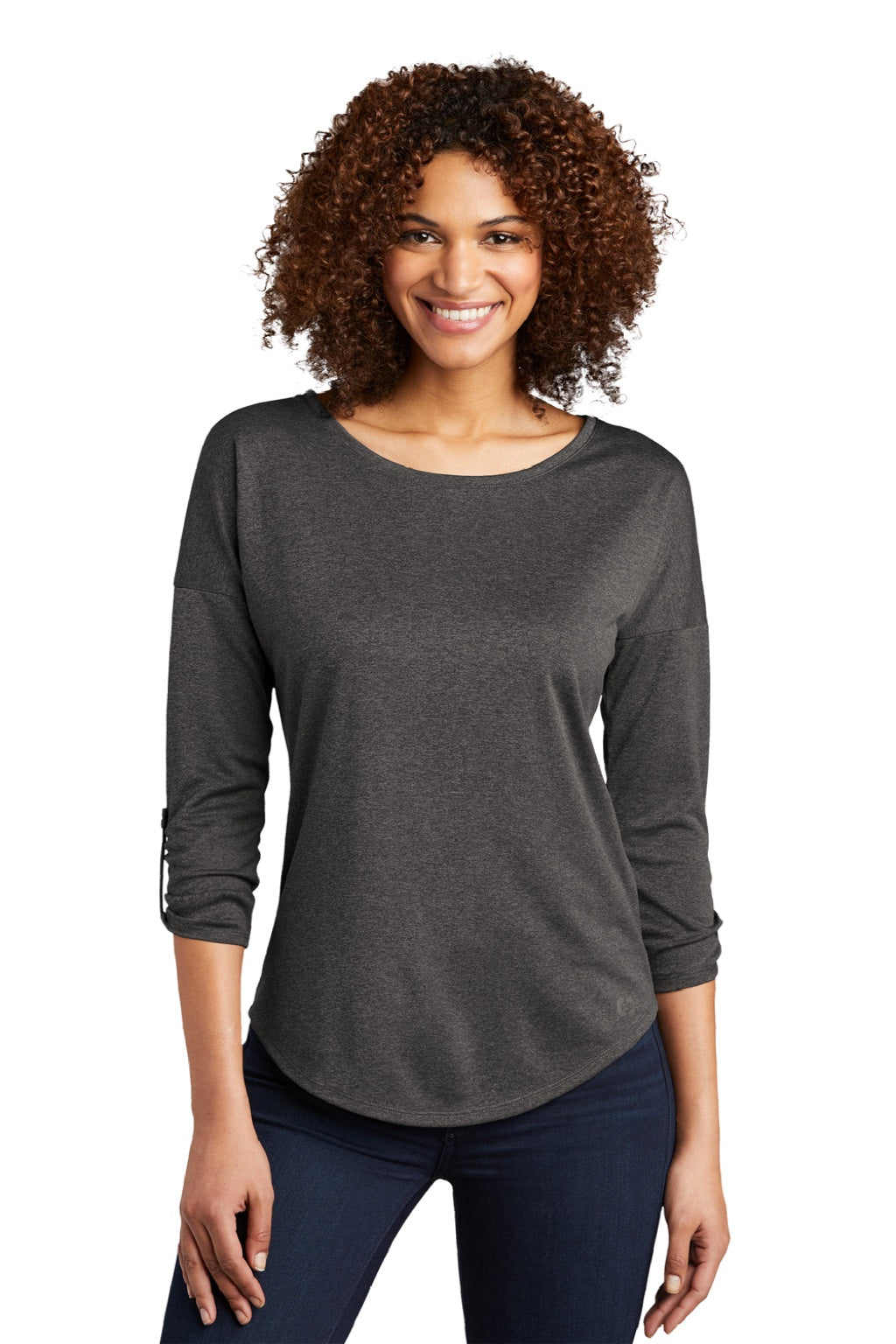 Ogio LOG141 Womens Gravitate Moisture Wicking 3/4 Sleeve Scoop Neck T-Shirt Heather Dark Grey Model Front
