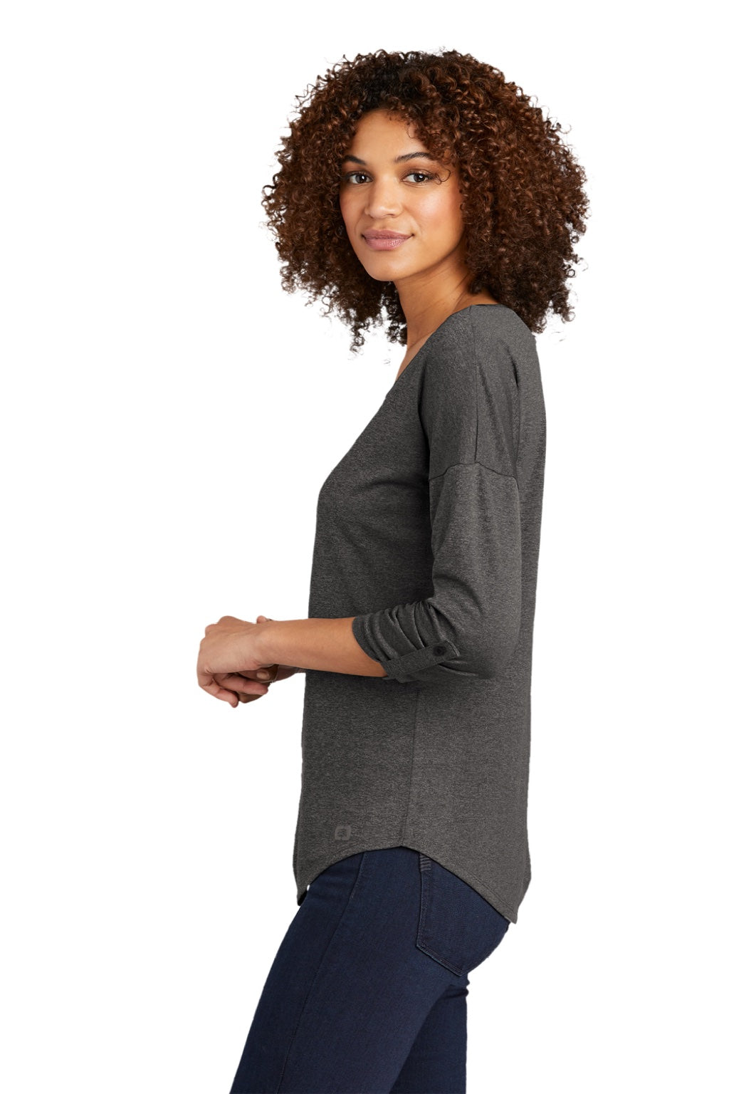 Ogio LOG141 Womens Gravitate Moisture Wicking 3/4 Sleeve Scoop Neck T-Shirt Heather Dark Grey Model Side