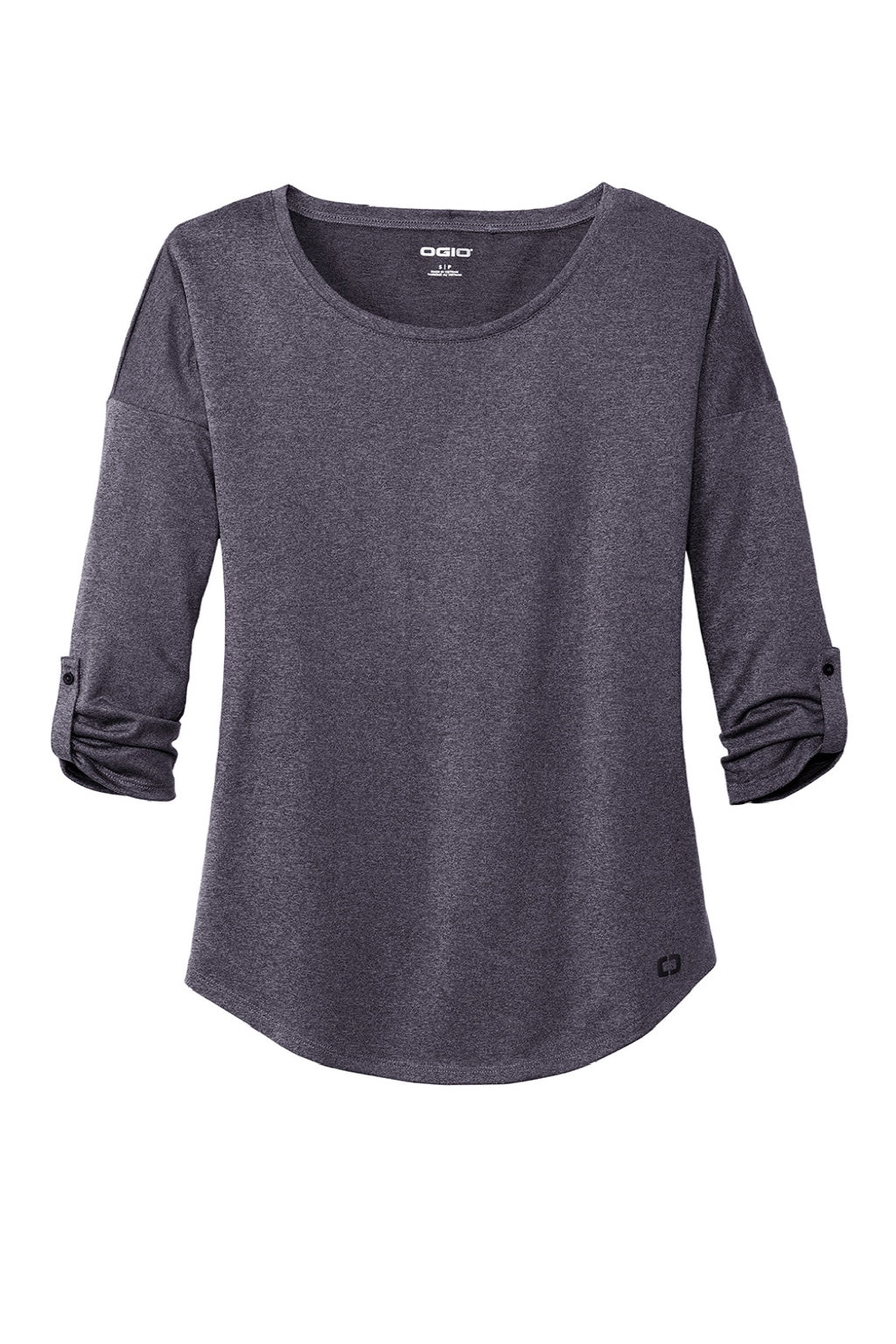 Ogio LOG141 Womens Gravitate Moisture Wicking 3/4 Sleeve Scoop Neck T-Shirt Heather Navy Blue Flat Front