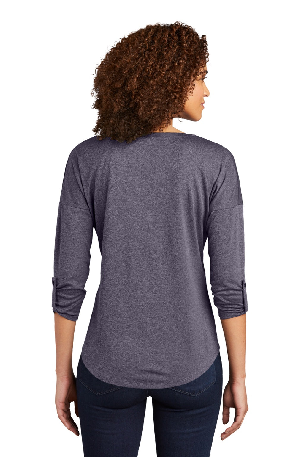Ogio LOG141 Womens Gravitate Moisture Wicking 3/4 Sleeve Scoop Neck T-Shirt Heather Navy Blue Model Back