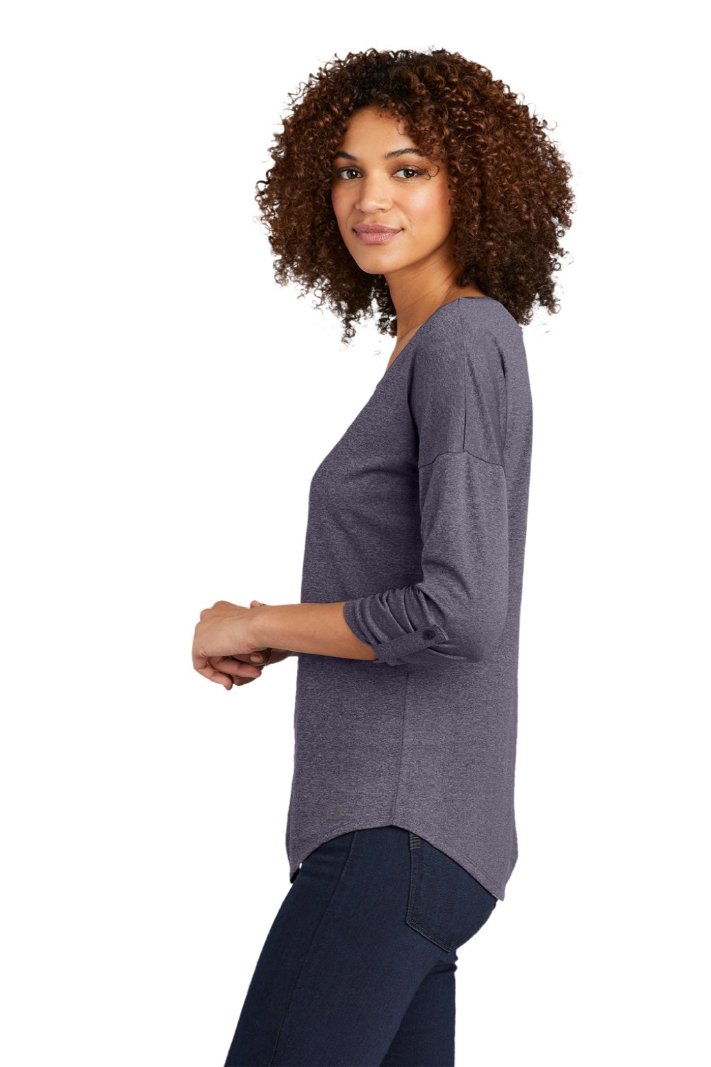 Ogio LOG141 Womens Gravitate Moisture Wicking 3/4 Sleeve Scoop Neck T-Shirt Heather Navy Blue Model Side