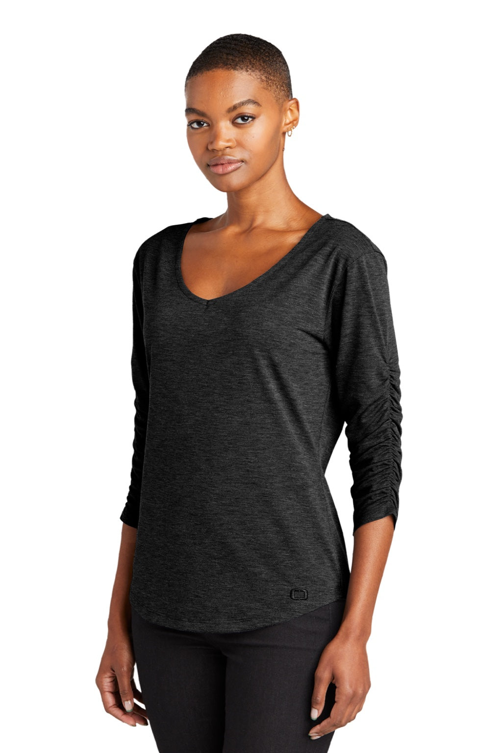 Ogio LOG148 Womens Evolution Moisture Wicking 3/4 Sleeve V-Neck T-Shirt Blacktop Model 3q