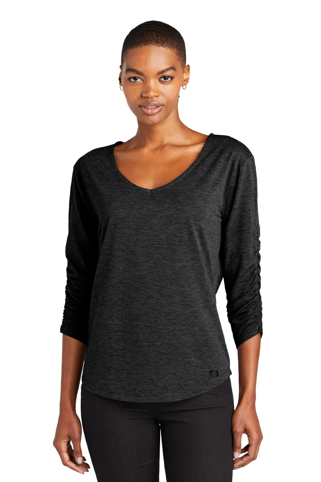 Ogio LOG148 Womens Evolution Moisture Wicking 3/4 Sleeve V-Neck T-Shirt Blacktop Model Front