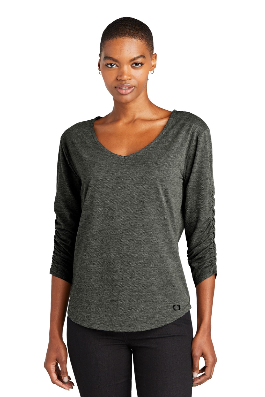 Ogio LOG148 Womens Evolution Moisture Wicking 3/4 Sleeve V-Neck T-Shirt Tarmac Grey Model Front