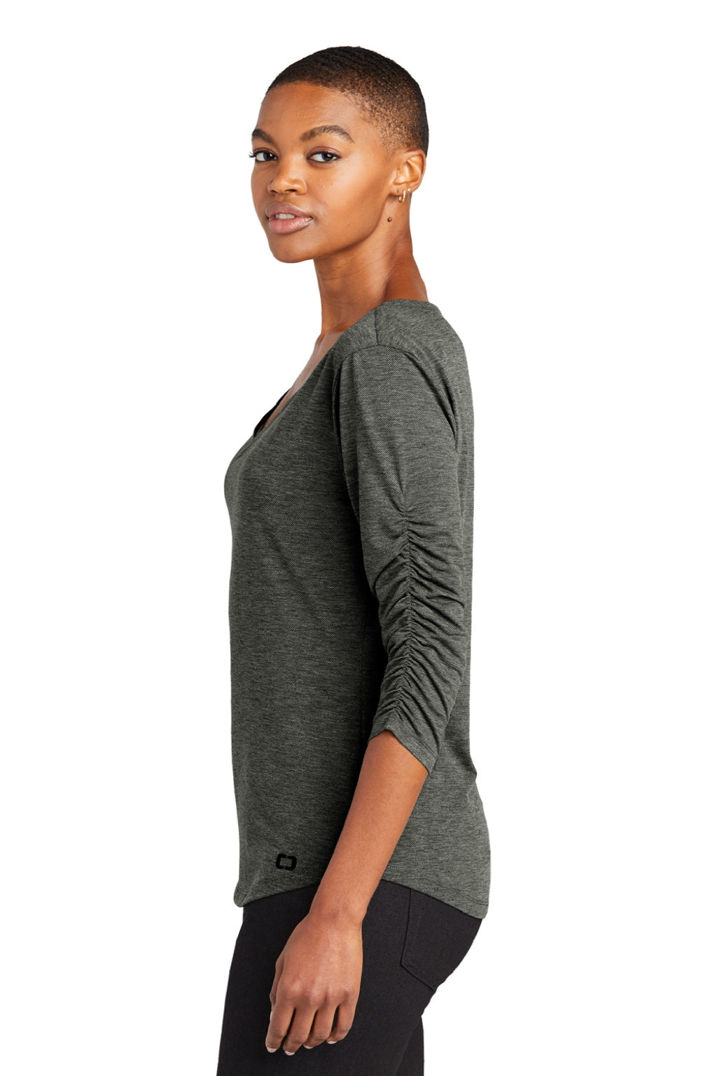 Ogio LOG148 Womens Evolution Moisture Wicking 3/4 Sleeve V-Neck T-Shirt Tarmac Grey Model Side