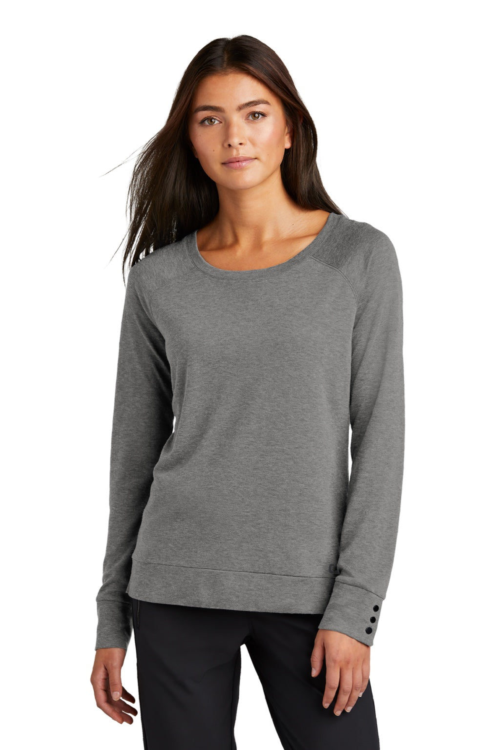 Ogio LOG150 Womens Command Long Sleeve Scoop Neck T-Shirt Gear Grey Model Front