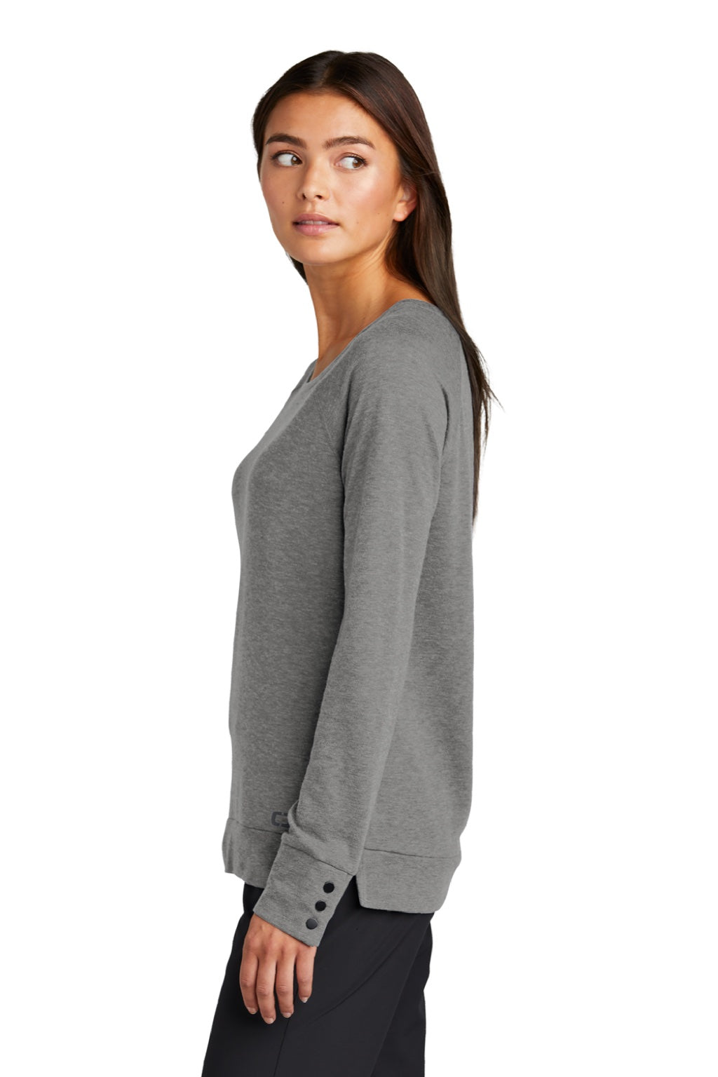 Ogio LOG150 Womens Command Long Sleeve Scoop Neck T-Shirt Gear Grey Model Side
