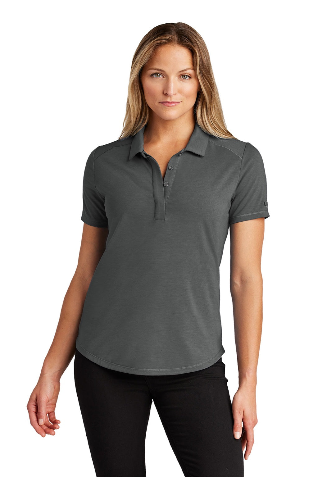 Ogio LOG152 Womens Motion Moisture Wicking Short Sleeve Polo Shirt Tarmac Grey Model Front