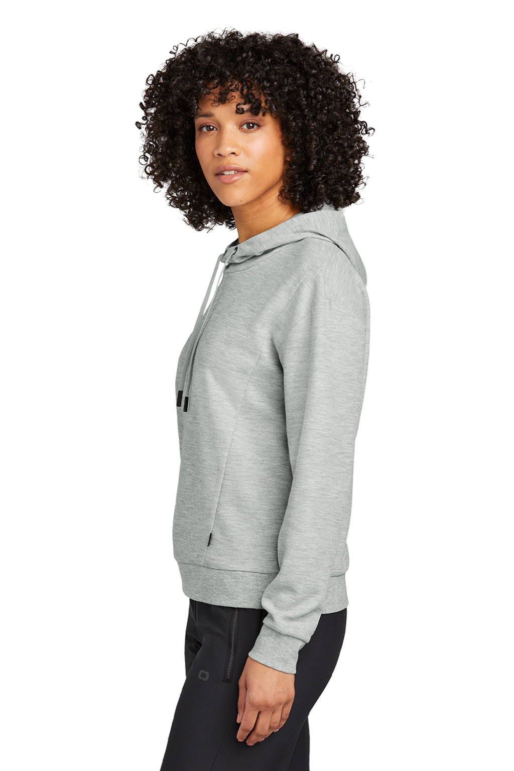 Ogio LOG162 Womens Revive Hooded Sweatshirt Hoodie Heather Light Grey Model Side