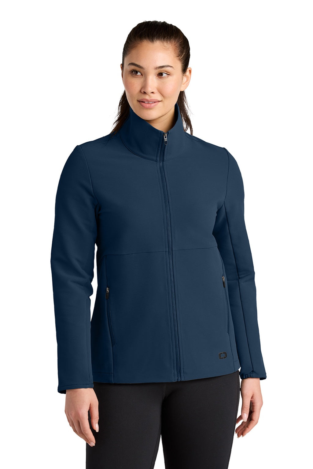 Ogio LOG740 Womens Kinetic Full Zip Soft Shell Jacket River Navy Blue Model Front