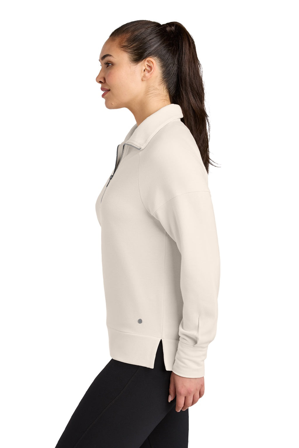 Ogio LOG814 Womens Luuma 1/4 Zip Sweatshirt Light Suede Model Side