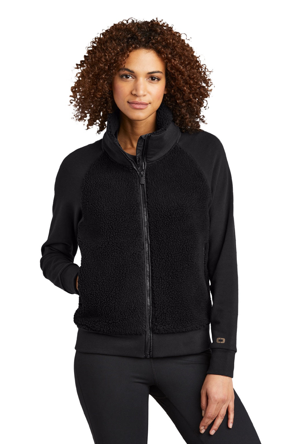 Ogio LOG815 Womens Luuma Sherpa Fleece Full Zip Jacket Blacktop Model Front