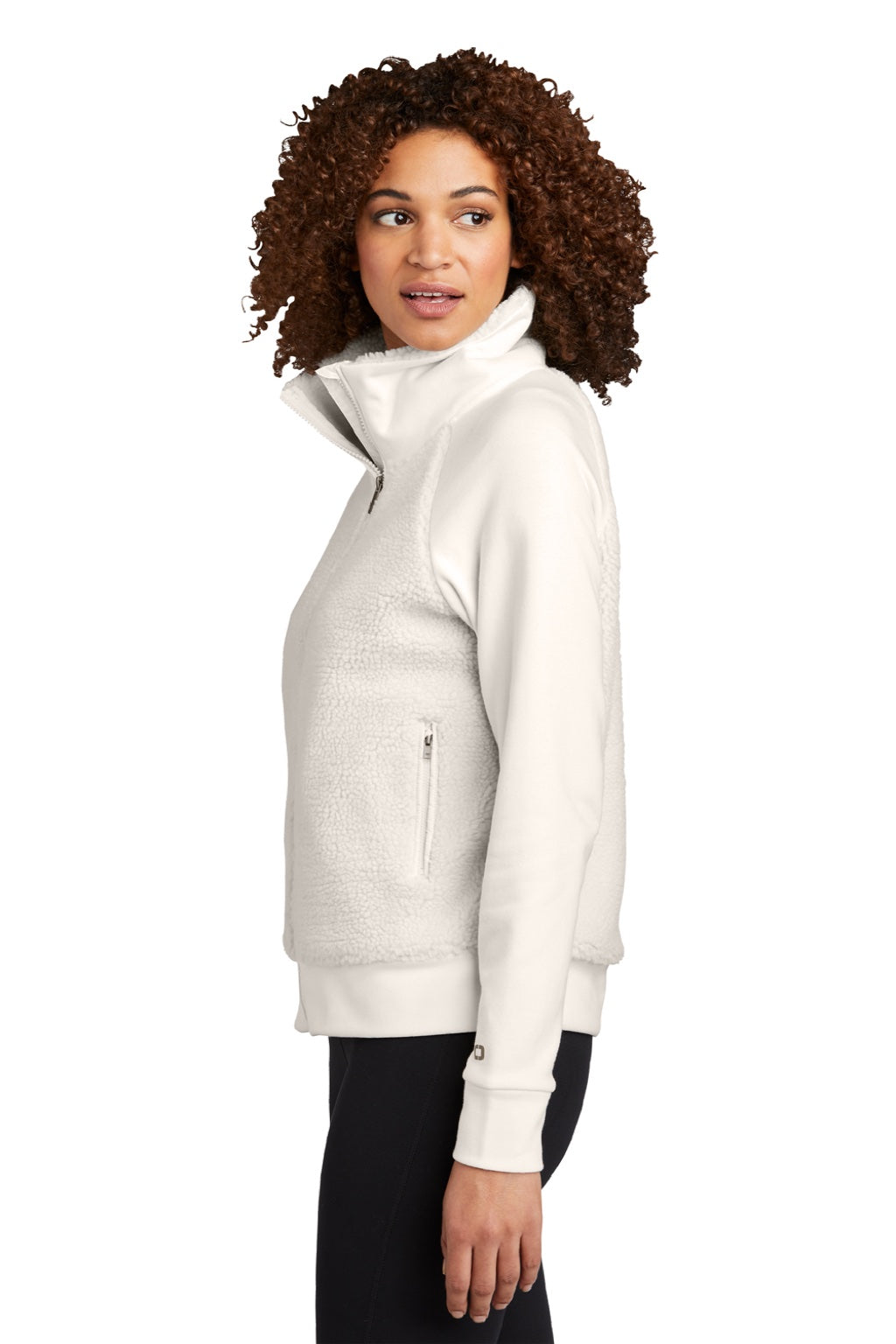 Ogio LOG815 Womens Luuma Sherpa Fleece Full Zip Jacket Ivory Snow Model Side