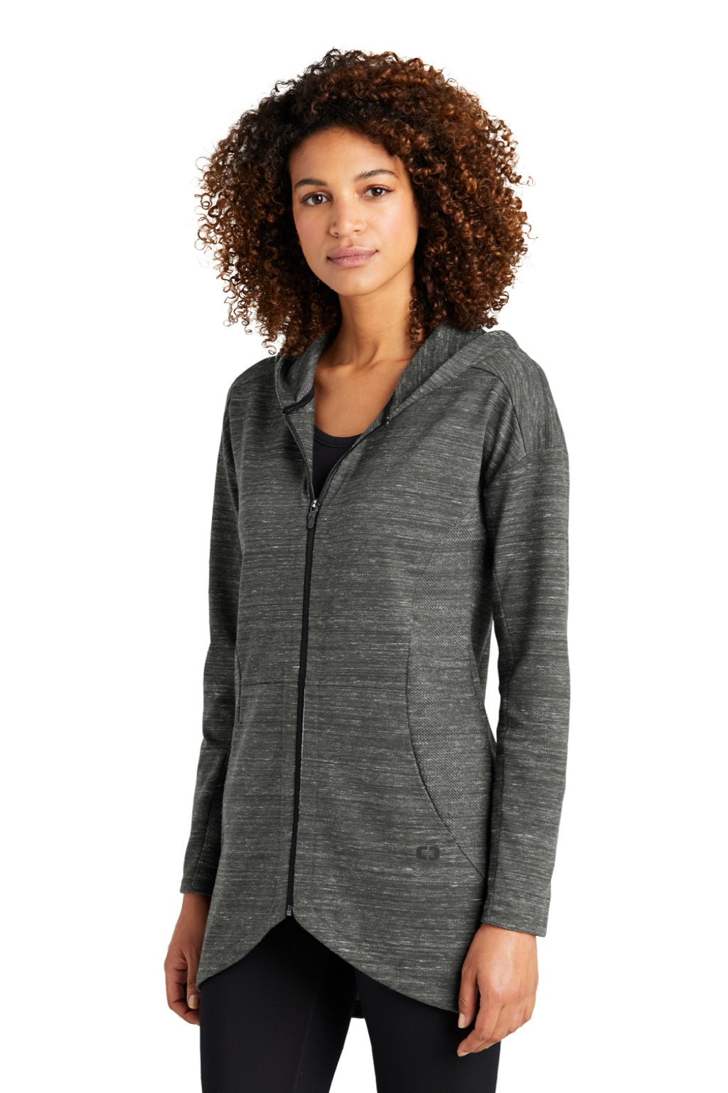 Ogio LOG823 Womens Flux Full Zip Hooded Sweatshirt Hoodie w/ Pockets Heather Tarmac Grey Model 3q