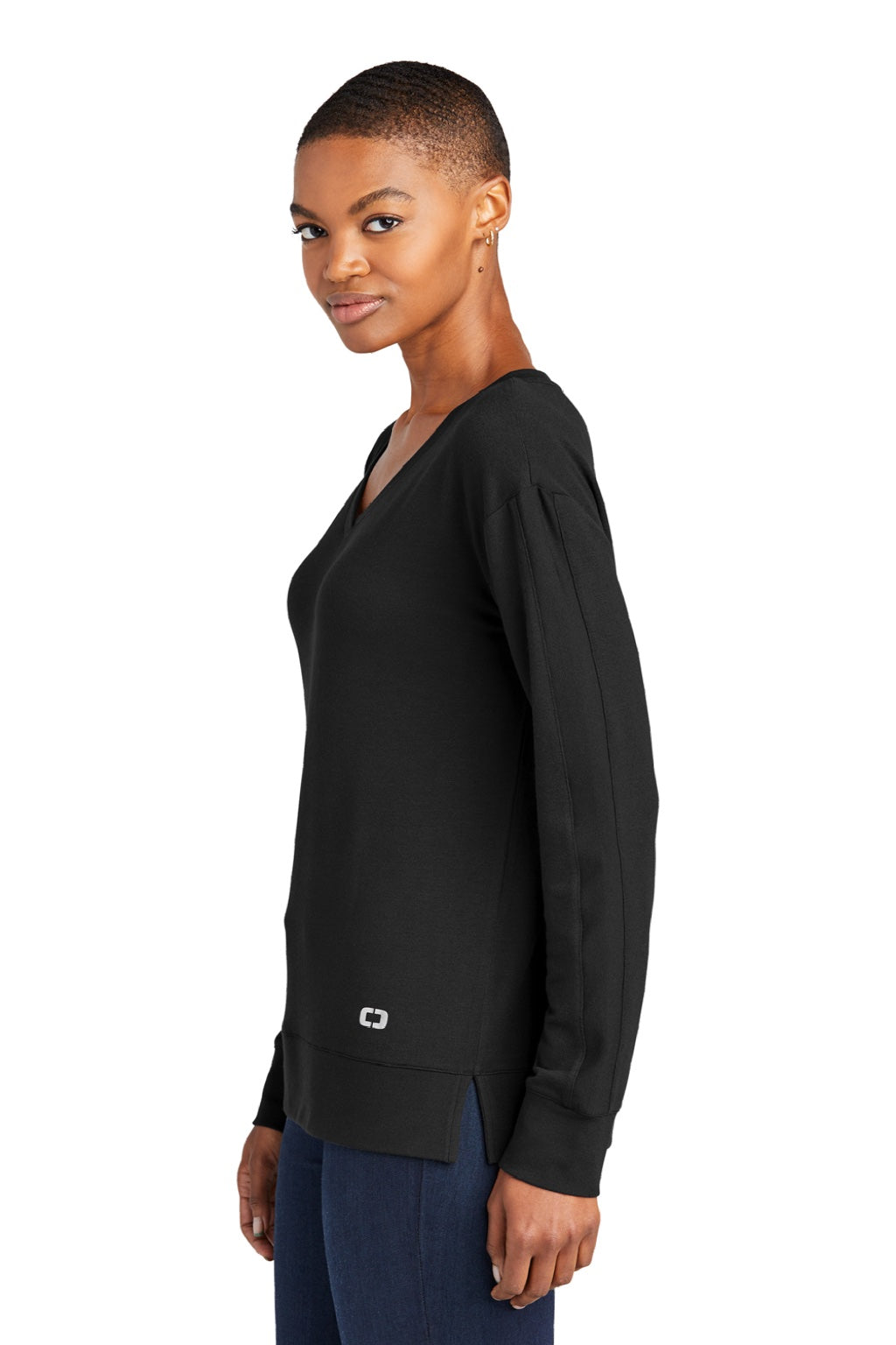 Ogio LOG825 Womens Luuma Flex V-Neck Sweatshirt Blacktop Model Side